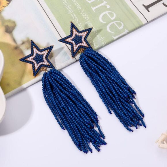 Yellow Gold and Blue White Beaded Star Tassel Fringe Dangling Boho Post Earrings - Picture 3 of 7